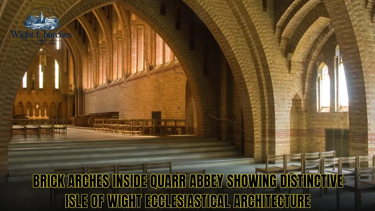 Brick arches inside Quarr Abbey showing distinctive Isle of Wight ecclesiastical architecture
