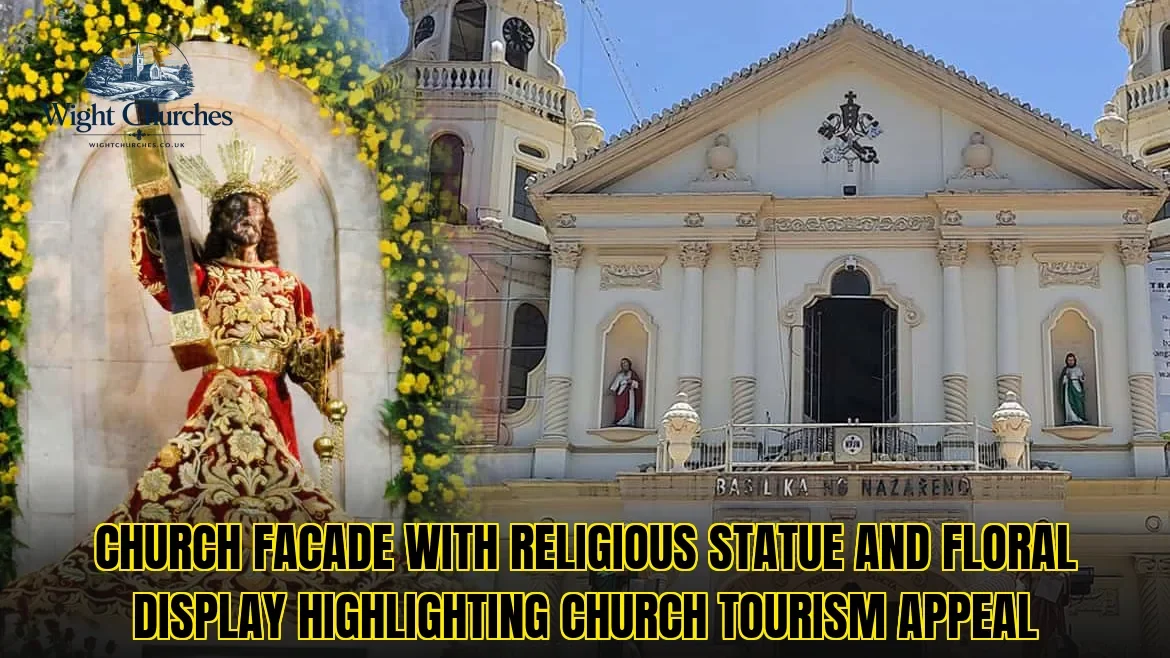 Church facade with religious statue and floral display highlighting church tourism appeal