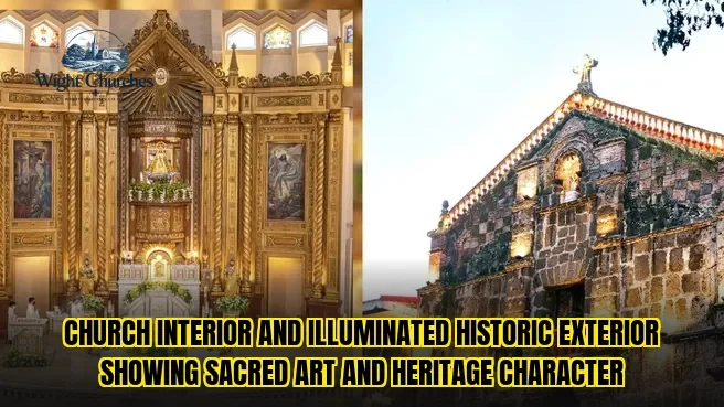 Church interior and illuminated historic exterior showing sacred art and heritage character