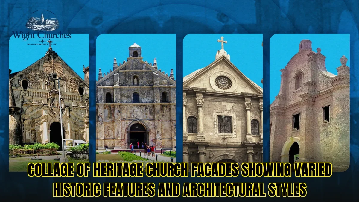 Collage of heritage church facades showing varied historic features and architectural styles