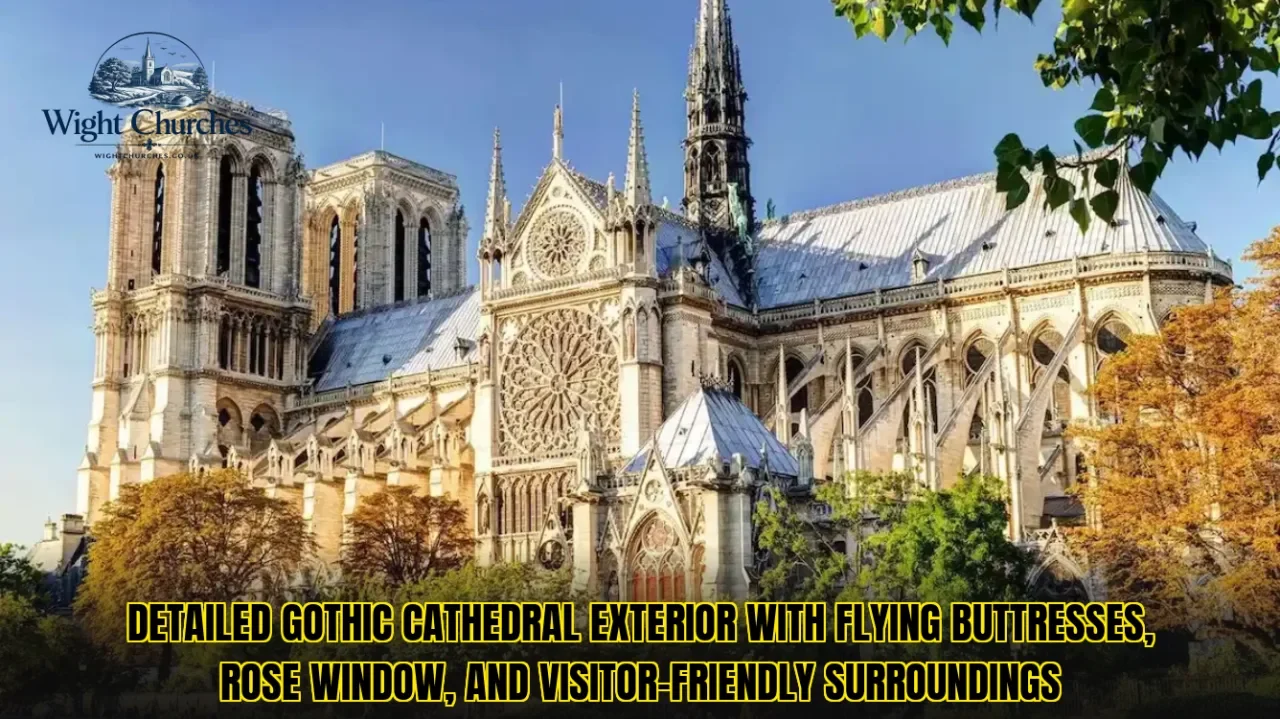 Detailed Gothic cathedral exterior with flying buttresses, rose window, and visitor-friendly surroundings