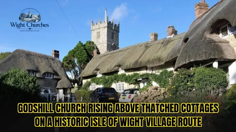 Godshill church rising above thatched cottages on a historic Isle of Wight village route