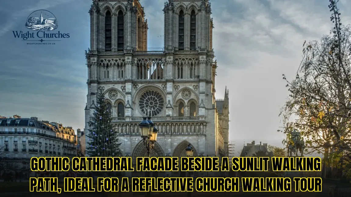 Gothic cathedral facade beside a sunlit walking path, ideal for a reflective church walking tour