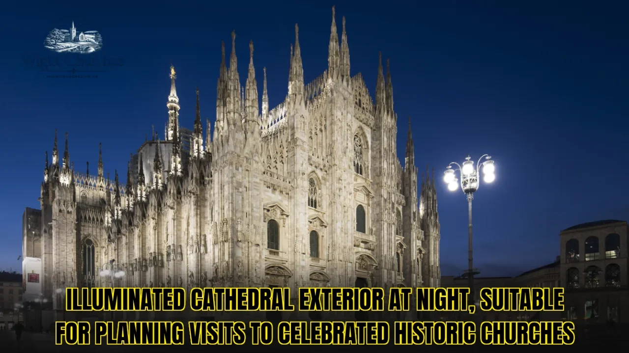 Illuminated cathedral exterior at night, suitable for planning visits to celebrated historic churches