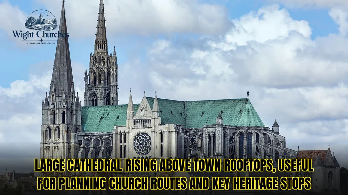 Large cathedral rising above town rooftops, useful for planning church routes and key heritage stops