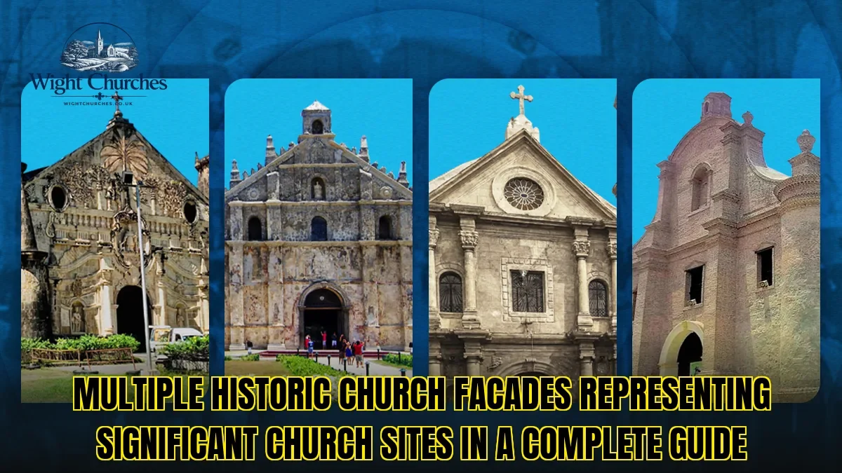 Multiple historic church facades representing significant church sites in a complete guide