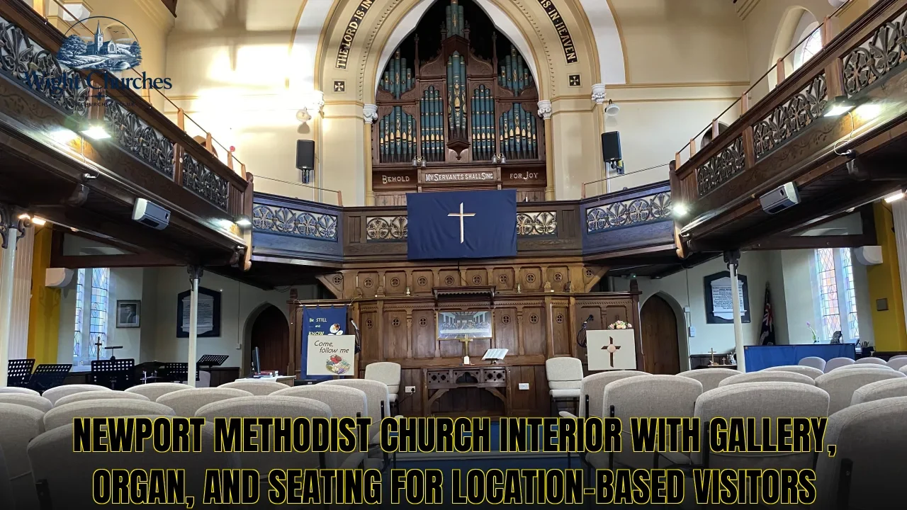 Newport Methodist church interior with gallery, organ, and seating for location-based visitors