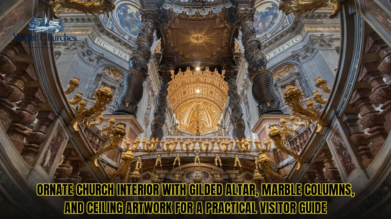 Ornate church interior with gilded altar, marble columns, and ceiling artwork for a practical visitor guide