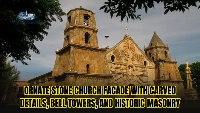 Ornate stone church facade with carved details, bell towers, and historic masonry